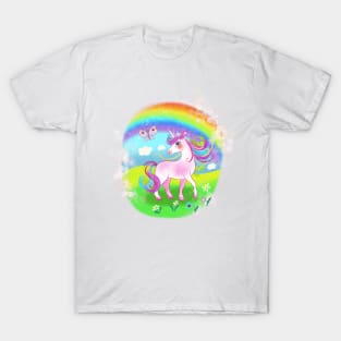 Magic fairy blue unicorn with rainbow And flowers T-Shirt